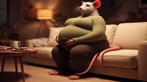 AI Video from prompt: a rat woman Sitting on a SOFA getting fatter wit