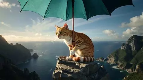 AI Video from prompt: A cat flies away on an umbrella from the mountai