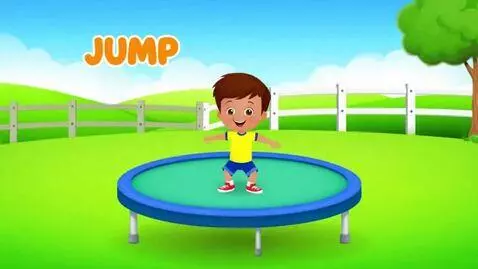 AI Video from prompt: A flashcard to a word "JUMP": a  little boy jump
