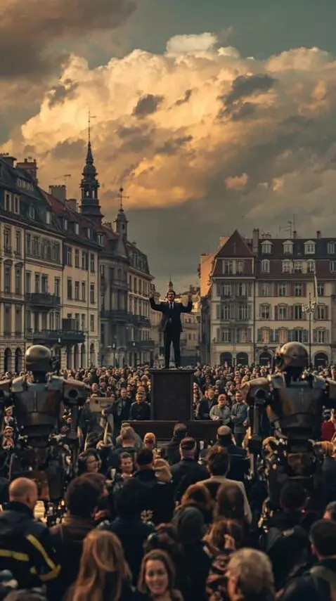 AI Video from prompt: A man in a formal suit stands at the podium, sho