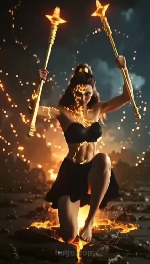 AI Video from prompt: The girl kneels, striking and thrusting two staf