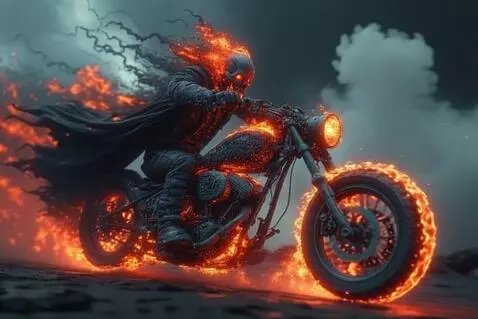 AI Video from prompt: A looping video of Ghost Rider riding a motorcyc
