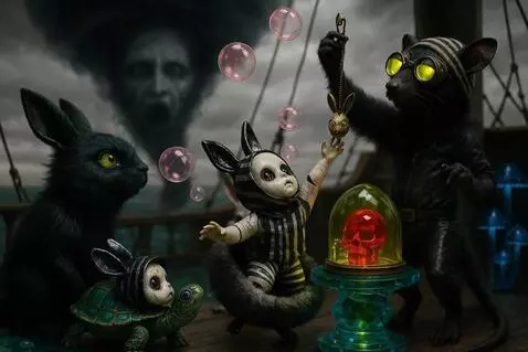 AI Video from prompt: The doll stands and reaches for the bubbles. The