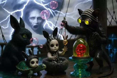 AI Video from prompt: The doll stands and reaches for the bubbles. The