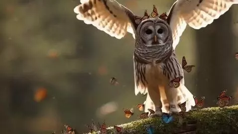 AI Video from prompt: An owl opens the wings and a lot of butterflies 