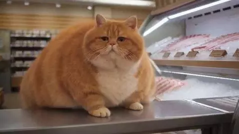 AI Video from prompt: A very fat cat stands behind the counter of the 