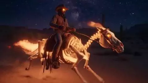 AI Video from prompt: A cowboy with fiery eyes rides a skeletal horse 