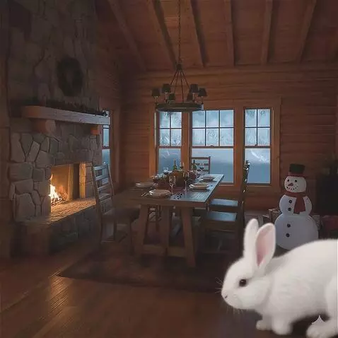AI Video from prompt: A small fluffy white bunny runs from the right  