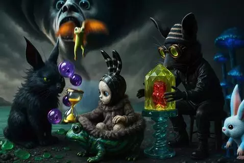 AI Video from prompt: The doll turns over the hourglass, sand falls in