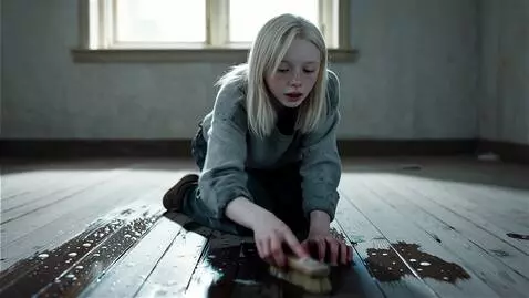 AI Video from prompt: a pale white girl in an empty room scrubbing the