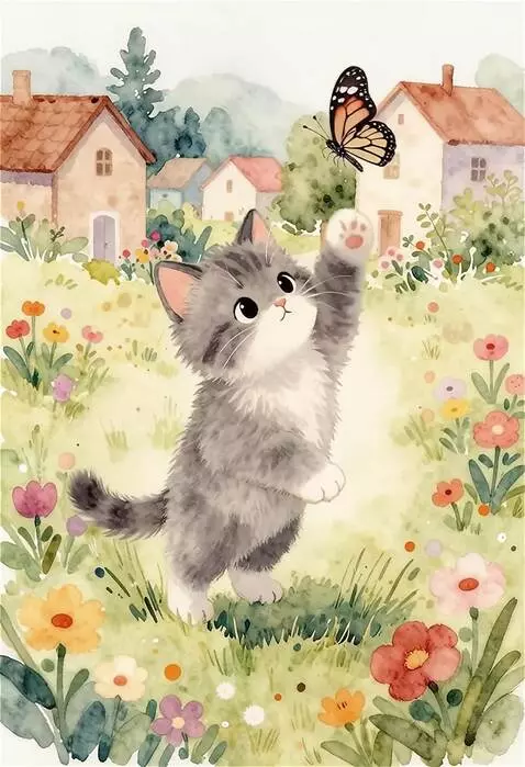 AI Video from prompt: A kitten playing with butterfly