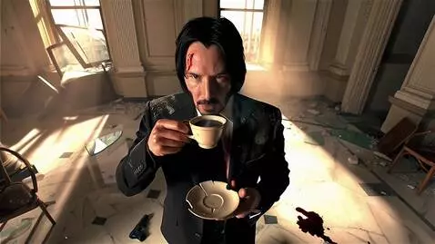 AI Video from prompt: Keanu Reeves, as John Wick, after a fierce battl