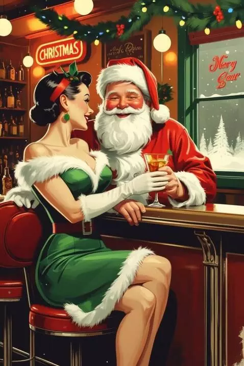 AI Video from prompt: the lady takes a glass from Father Frost and dri