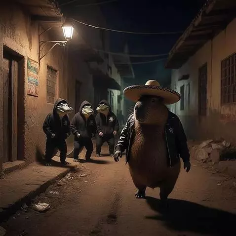 AI Video from prompt: A capybara walks drunkenly, and crocodiles give 