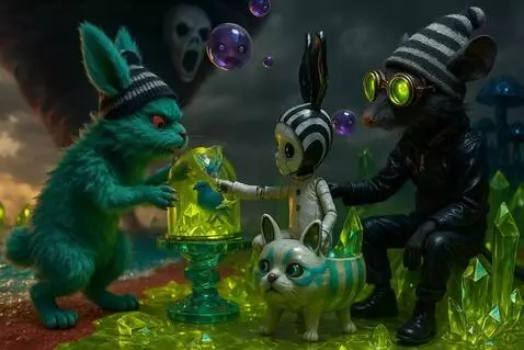 AI Video from prompt: The doll hands the rat the wineglass. The rat dr