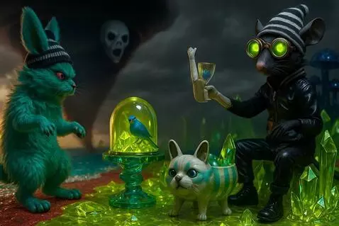 AI Video from prompt: The doll hands the rat the wineglass. The rat dr