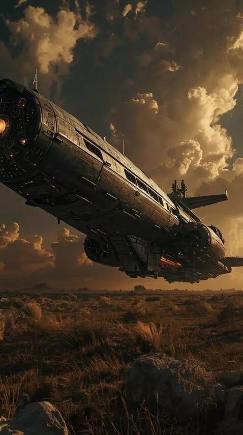 AI Video from prompt: A massive, weathered starship glides low over a 