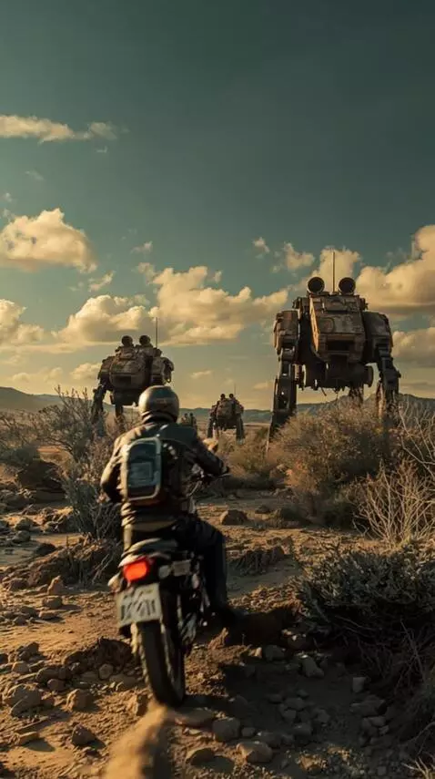 AI Video from prompt: Armored combat mechanical walkers trudge across 