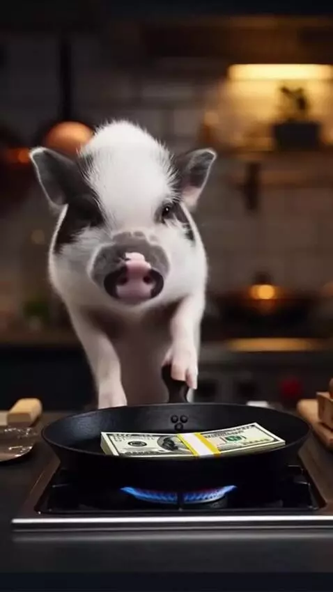 AI Video from prompt: the minipig breaks free, starts cooking money, a