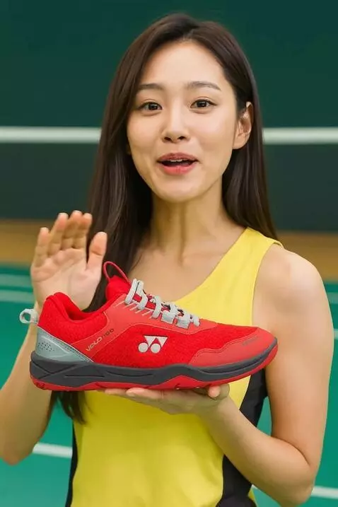 AI Video from prompt: a women promoting shoes that she is holding whil