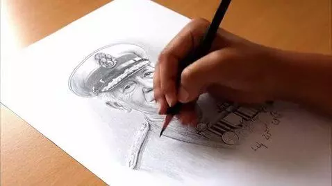 AI Video from prompt: A girl's hand draws a portrait of a military gra