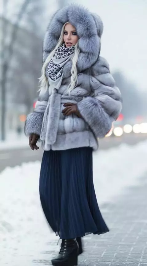 AI Video from prompt: Winter city street. Woman-model is posing and de