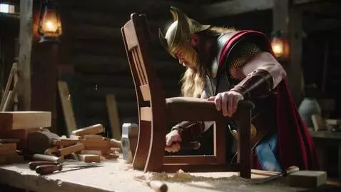AI Video from prompt: Thor is trying to repair a wooden chair. He lean
