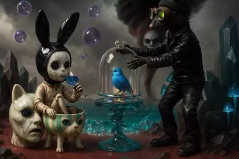 AI Video from prompt: The doll sips the wine. The rat stands and remov