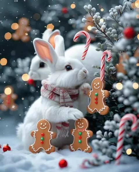 AI Video from prompt: A photo of realistic fluffy hares in a winter fo