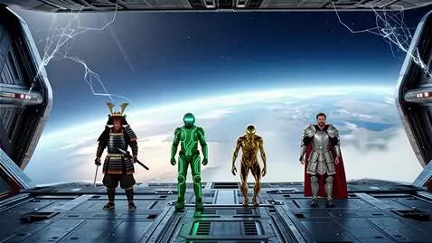 AI Video from prompt: 4 men: Samurai, futuristic green armored warrior