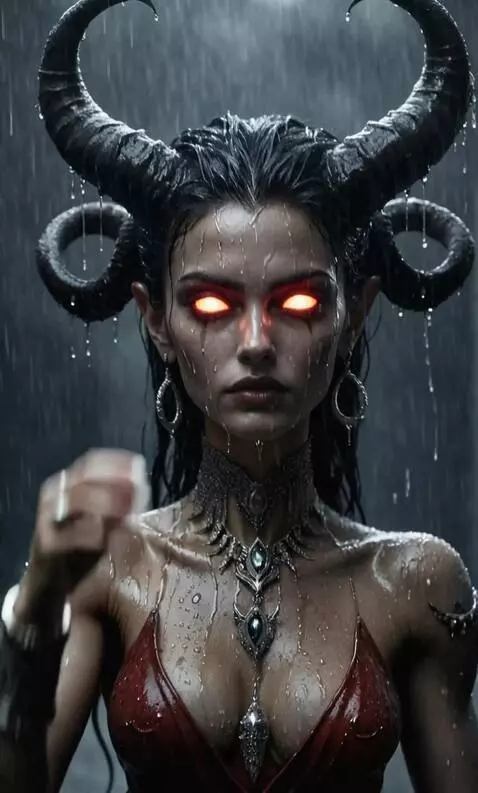 AI Video from prompt: The demoness walks forward, raises her head, and