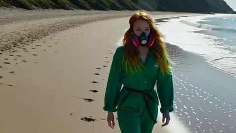 AI Video from prompt: the girl is wearing a red respirator, she has bl