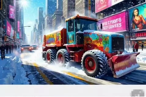 AI Video from prompt: The snowplow is driving, rushing forward at high