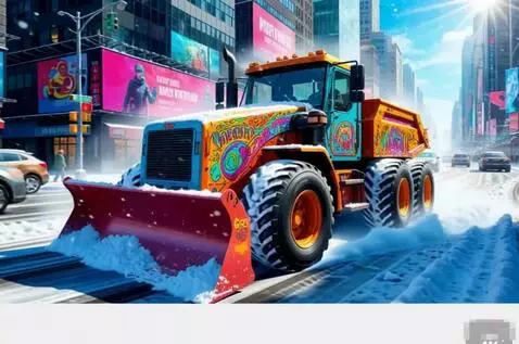AI Video from prompt: The snowplow is driving, rushing forward at high