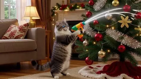 AI Video from prompt: a strange cat with a water gun attacks a Christm