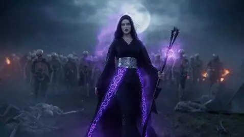 AI Video from prompt: A striking necromancer woman strides confidently