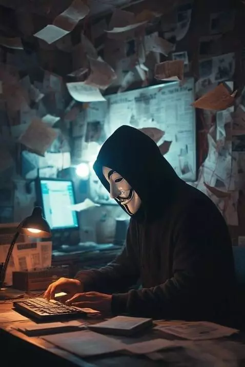 AI Video from prompt: Guy  in mask typing on his keyboard .Falling pap