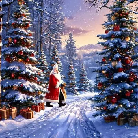 AI Video from prompt: Snow is falling. Garlands on the little Christma