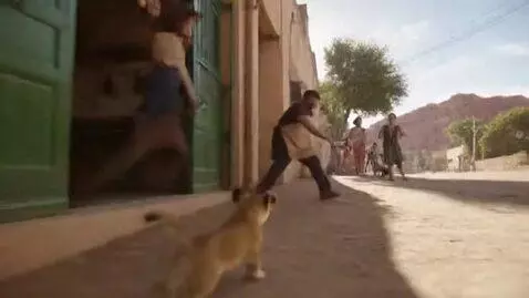 AI Video from prompt: a lion cub steals meat from a counter and the ow