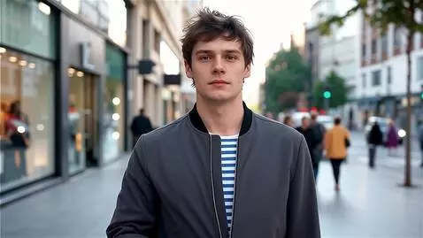 AI Video from prompt: A young man in a zip-up jacket, partially unbutt