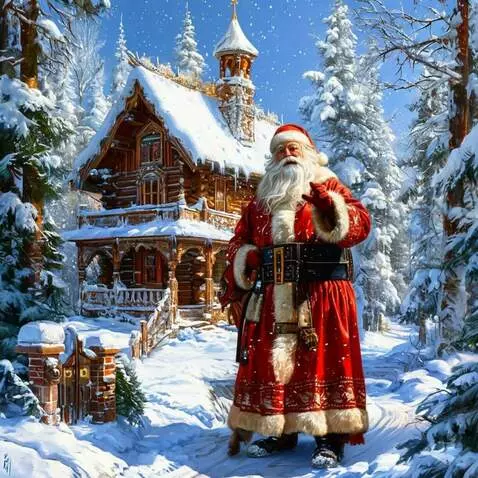 AI Video from prompt: Russian Santa Claus sends a video greeting in th