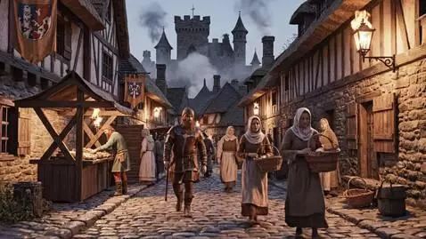AI Video from prompt: A cinematic medieval European town at dusk. Ston