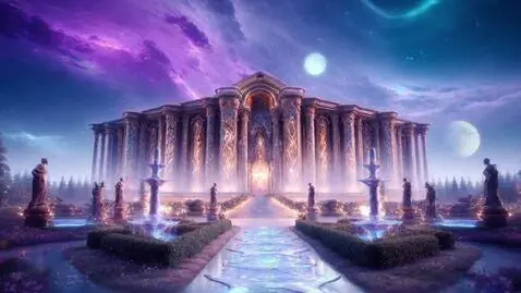 AI Video from prompt: An immense fantasy dreamscape revealing a coloss