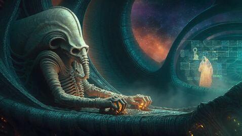 Space Jockey seated at the bridge inside an Alie