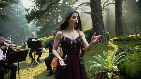 AI Video from prompt: A young lady singing and around here orchestra p