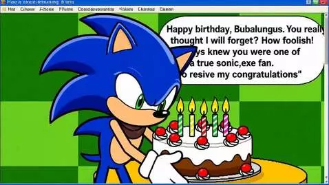 AI Video from prompt: Sonic.exe stand with birthday cake saying:  "Hap