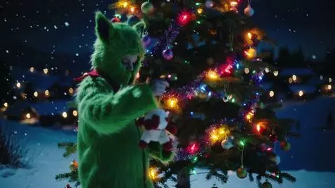 AI Video from prompt: A little boy dressed as the Grinch takes a toy a