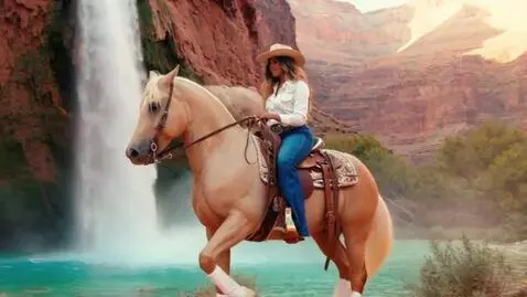 AI Video from prompt: A beautiful multiracial  cowgirl with long flowi