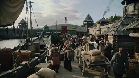 AI Video from prompt: Approach toward medieval Novgorod river harbor, 