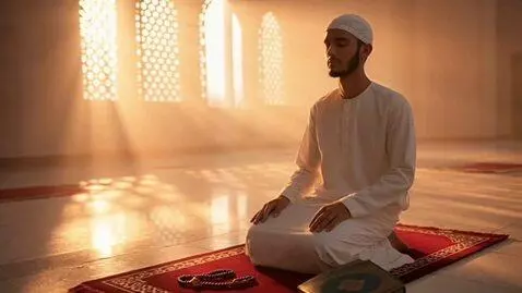 AI Video from prompt: A peaceful Islamic environment at sunset, a youn